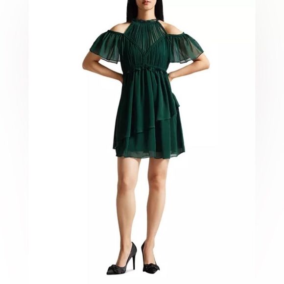 NWT Ted Baker London  Poppio Mini Dress in emerald green cold-shoulder Sz 8 - Picture 6 of 12
